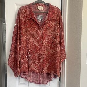 Oli & Hali Red Paisley Bandana print, Button Down top.